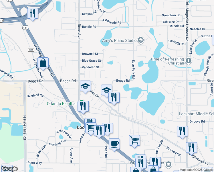 map of restaurants, bars, coffee shops, grocery stores, and more near 5124 Rebecca Court in Orlando