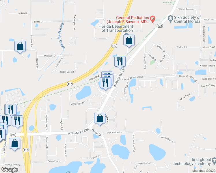 map of restaurants, bars, coffee shops, grocery stores, and more near 2960 West State Road 426 in Oviedo