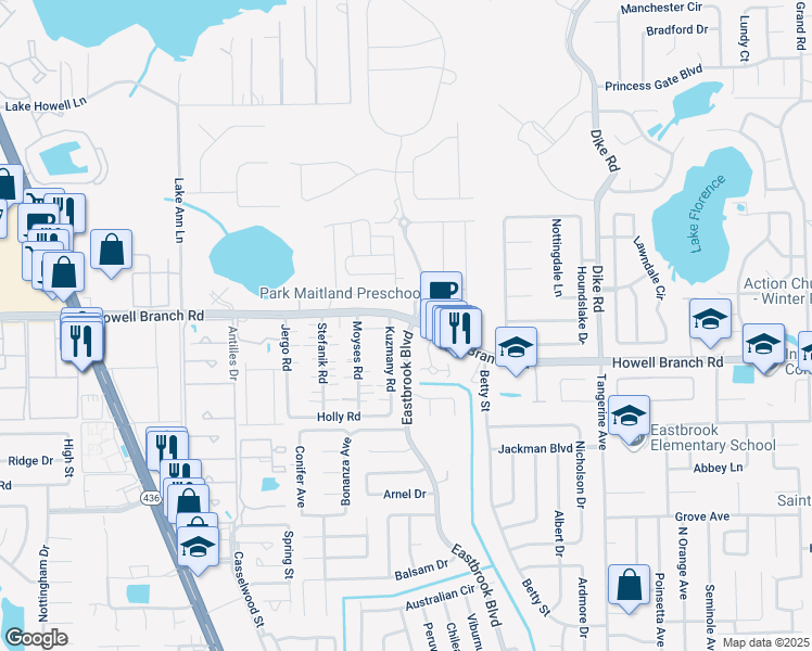 map of restaurants, bars, coffee shops, grocery stores, and more near 2617 Eastbrook Boulevard in Winter Park