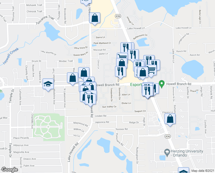 map of restaurants, bars, coffee shops, grocery stores, and more near 2521 Tahoe Circle in Winter Park