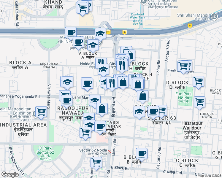 map of restaurants, bars, coffee shops, grocery stores, and more near 224k Vishwakarma Road in Noida