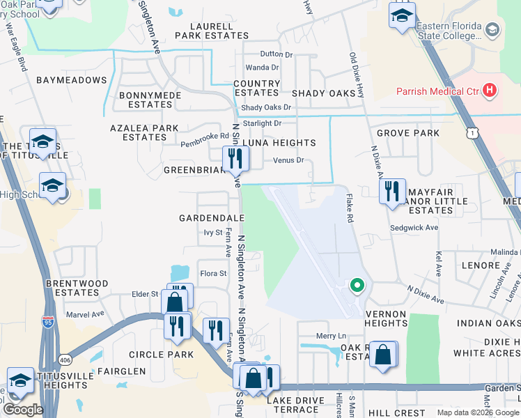 map of restaurants, bars, coffee shops, grocery stores, and more near 695 North Singleton Avenue in Titusville