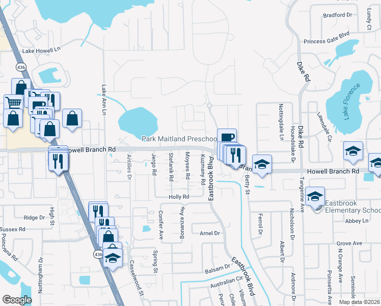 map of restaurants, bars, coffee shops, grocery stores, and more near 2704 Tortoise Cove in Winter Park