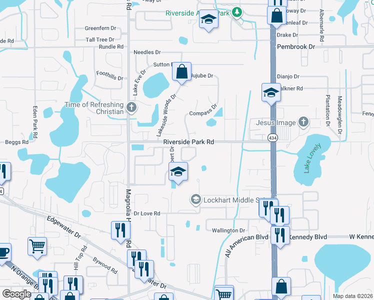 map of restaurants, bars, coffee shops, grocery stores, and more near 6848 Compass Court in Orlando