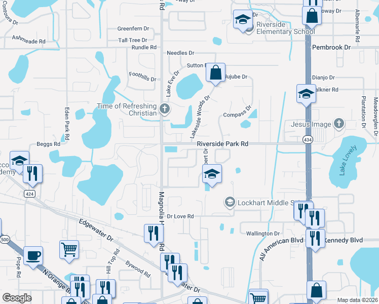 map of restaurants, bars, coffee shops, grocery stores, and more near 3809 Beachman Drive in Orlando