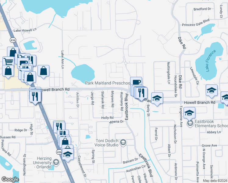 map of restaurants, bars, coffee shops, grocery stores, and more near 121 Moyses Road in Winter Park