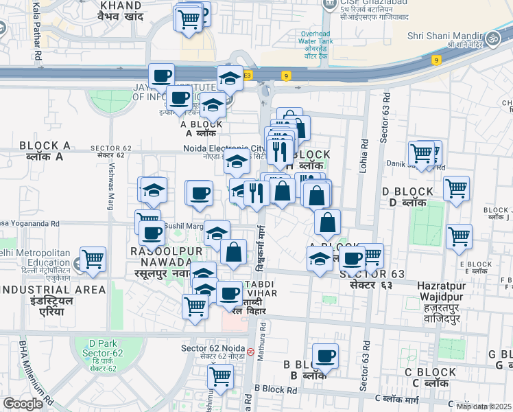 map of restaurants, bars, coffee shops, grocery stores, and more near A- 42/5 Vishwakarma Road in Noida