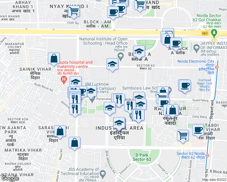 map of restaurants, bars, coffee shops, grocery stores, and more near B-1302 Outer Circle in Ghaziabad
