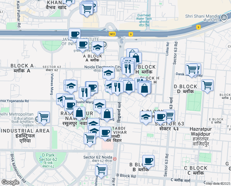 map of restaurants, bars, coffee shops, grocery stores, and more near A- 42/5 Vishwakarma Road in Noida