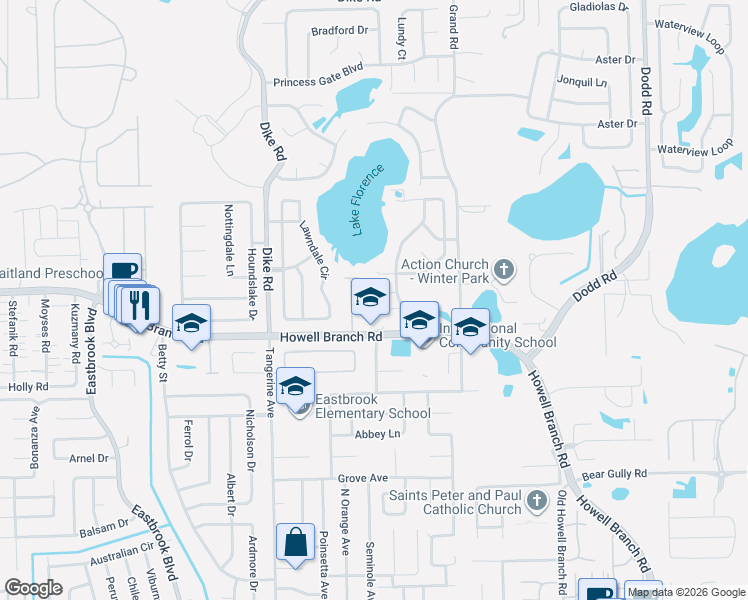 map of restaurants, bars, coffee shops, grocery stores, and more near 1448 Lake Florence Way in Winter Park