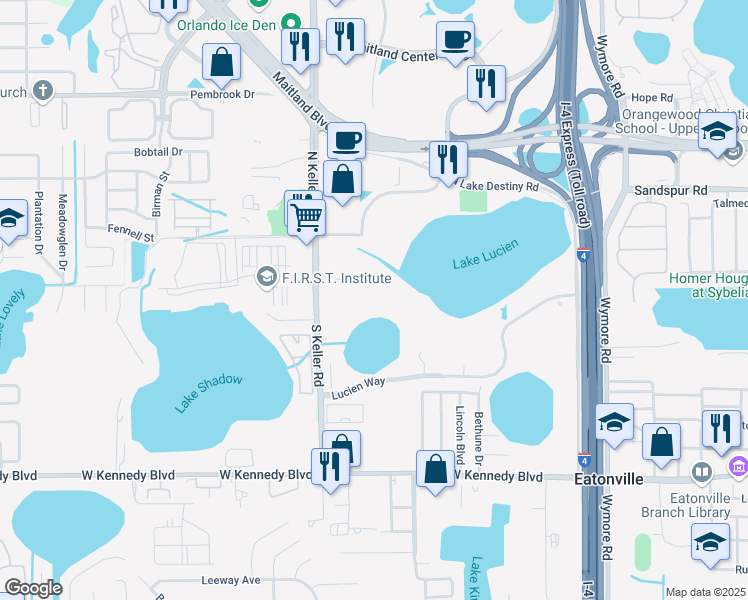 map of restaurants, bars, coffee shops, grocery stores, and more near 482 South Keller Road in Orlando