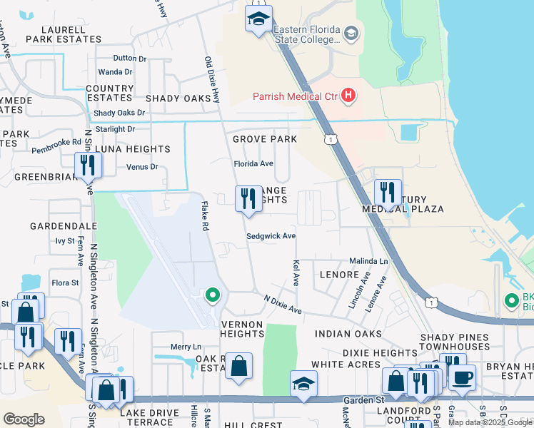 map of restaurants, bars, coffee shops, grocery stores, and more near 9 Sedgwick Avenue in Titusville