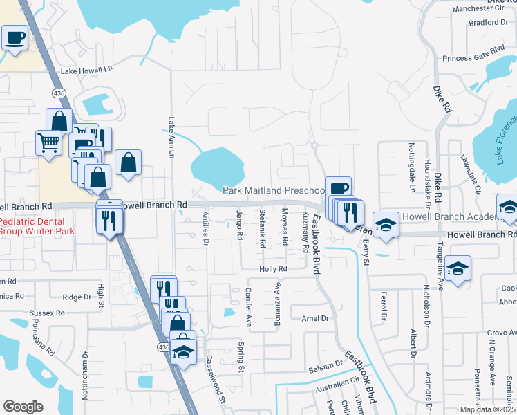 map of restaurants, bars, coffee shops, grocery stores, and more near 133 Stefanik Road in Winter Park