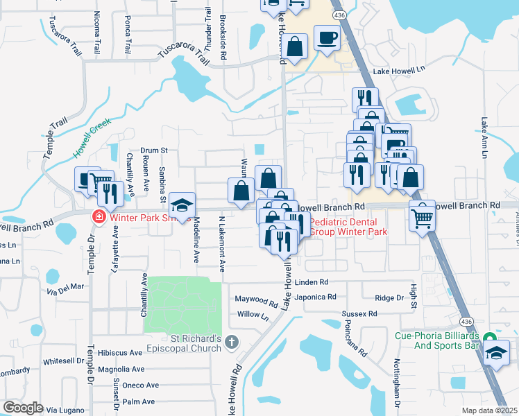 map of restaurants, bars, coffee shops, grocery stores, and more near 1960 Howell Branch Road in Winter Park