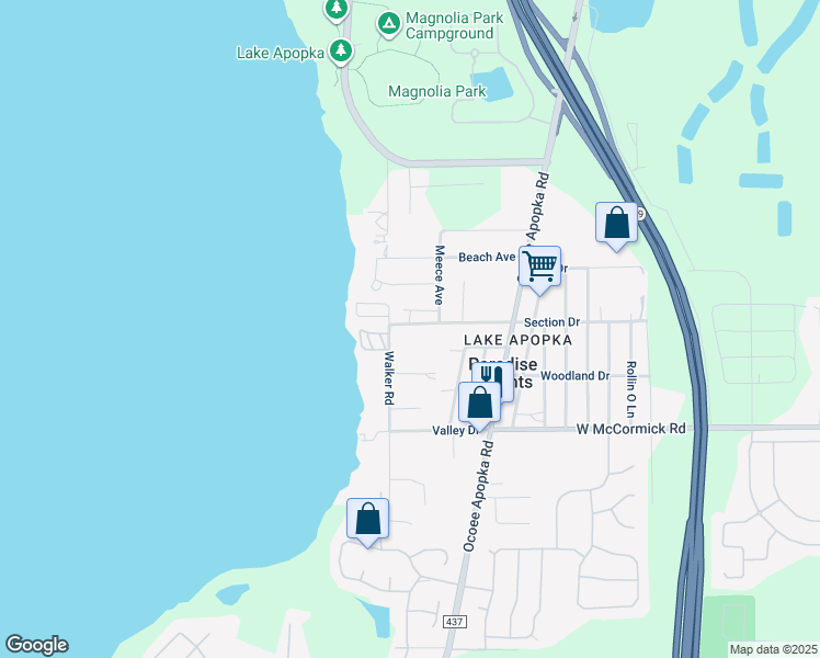 map of restaurants, bars, coffee shops, grocery stores, and more near 2338 Section Drive in Apopka