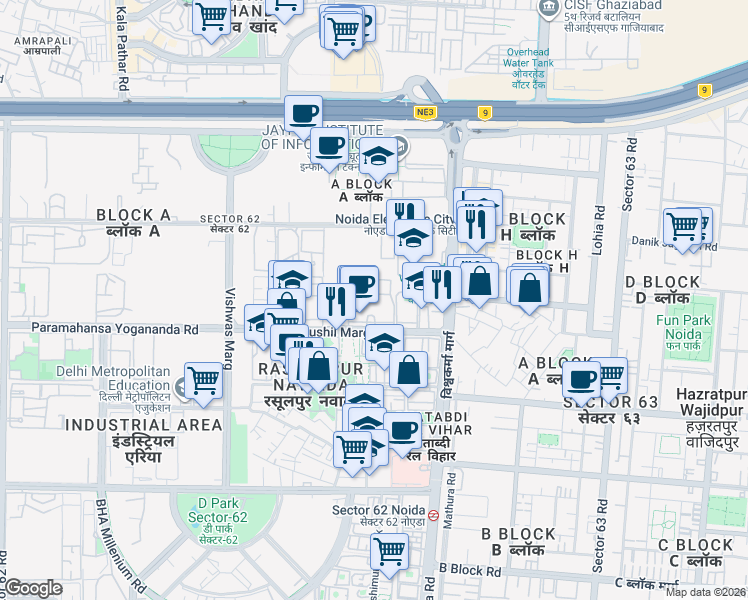 map of restaurants, bars, coffee shops, grocery stores, and more near in Noida