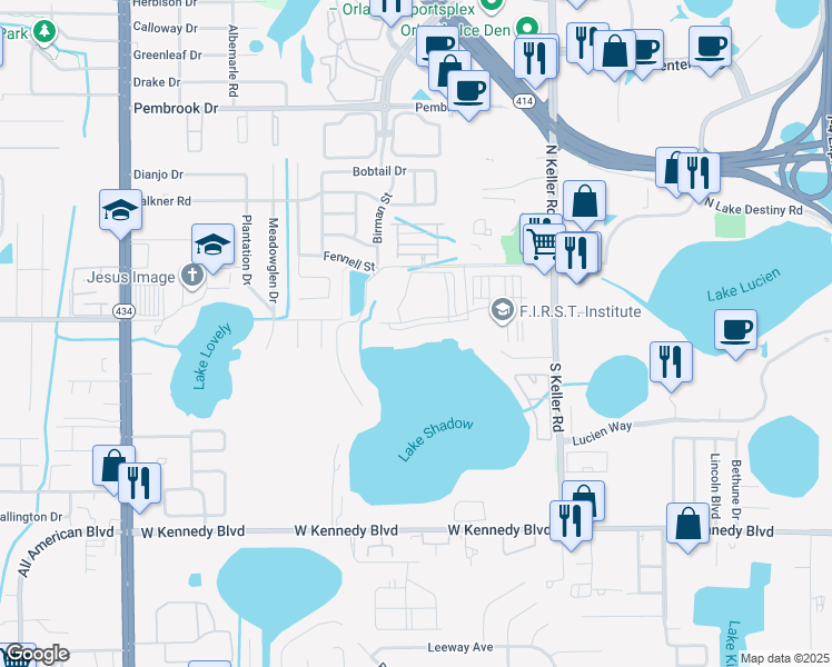 map of restaurants, bars, coffee shops, grocery stores, and more near 1440 Lake Shadow Circle in Maitland