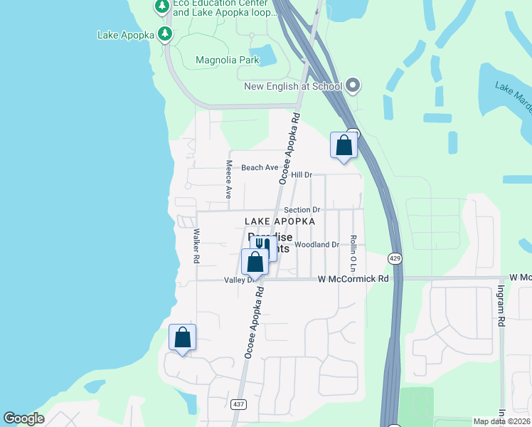 map of restaurants, bars, coffee shops, grocery stores, and more near 2208 Section Drive in Apopka