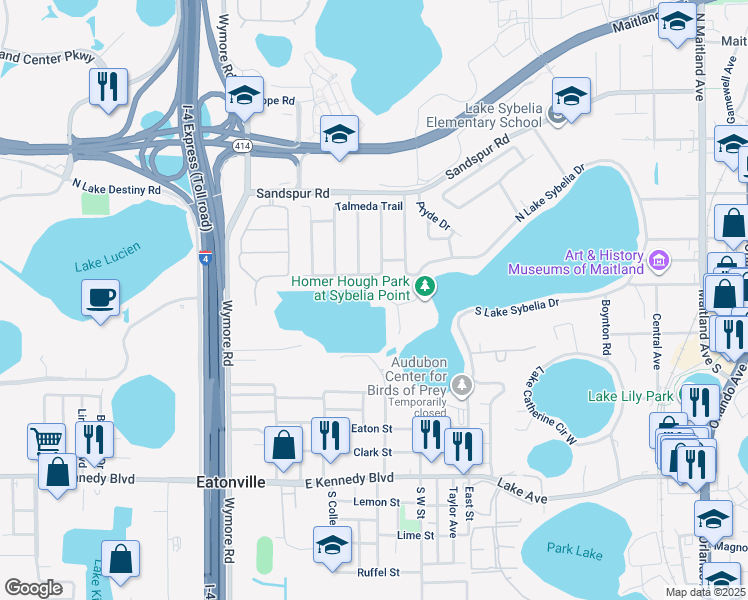 map of restaurants, bars, coffee shops, grocery stores, and more near 1325 North Lake Sybelia Drive in Maitland