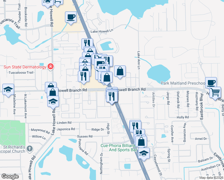 map of restaurants, bars, coffee shops, grocery stores, and more near Semoran Blvd & Howell Branch Rd in Casselberry