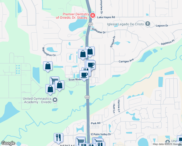 map of restaurants, bars, coffee shops, grocery stores, and more near 3050 Alafaya Trail in Oviedo