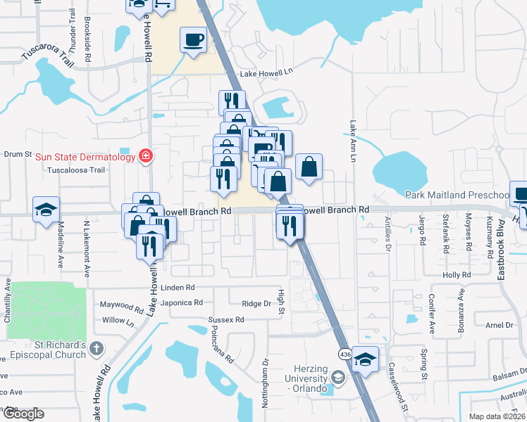 map of restaurants, bars, coffee shops, grocery stores, and more near 2107 Sorrento Circle in Winter Park
