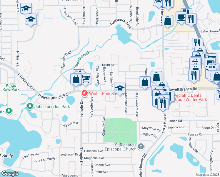 map of restaurants, bars, coffee shops, grocery stores, and more near 2631 Mandan Trail in Winter Park