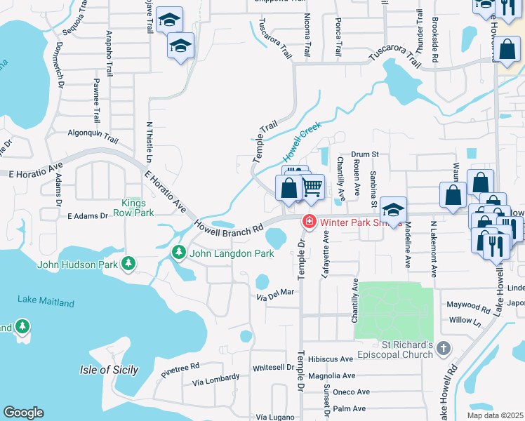 map of restaurants, bars, coffee shops, grocery stores, and more near 1205 Howell Branch Road in Winter Park