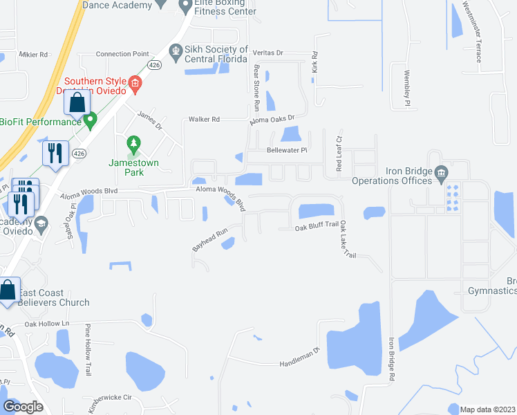 map of restaurants, bars, coffee shops, grocery stores, and more near 2902 Oak Bluff Way in Oviedo