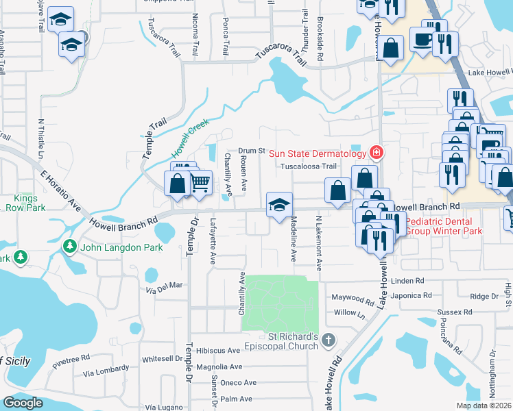 map of restaurants, bars, coffee shops, grocery stores, and more near 2631 Mandan Trail in Winter Park