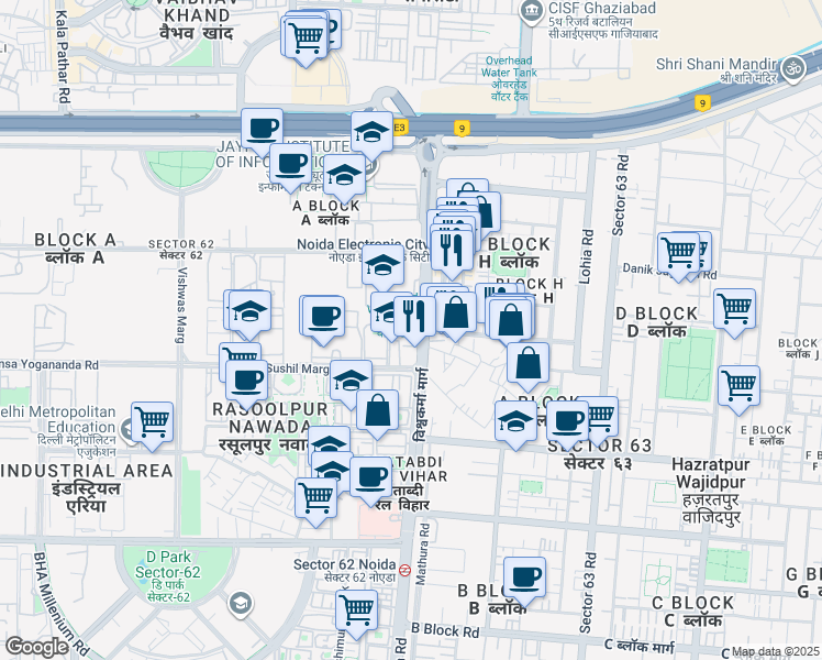 map of restaurants, bars, coffee shops, grocery stores, and more near in Noida