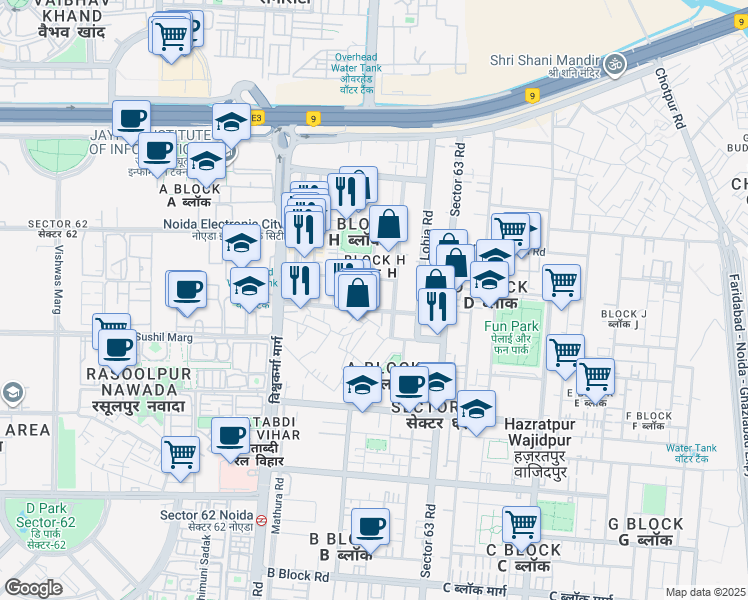 map of restaurants, bars, coffee shops, grocery stores, and more near H-161 Sector 63 Road in Noida