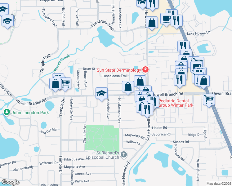 map of restaurants, bars, coffee shops, grocery stores, and more near 2519 Sweetwater Trail in Winter Park
