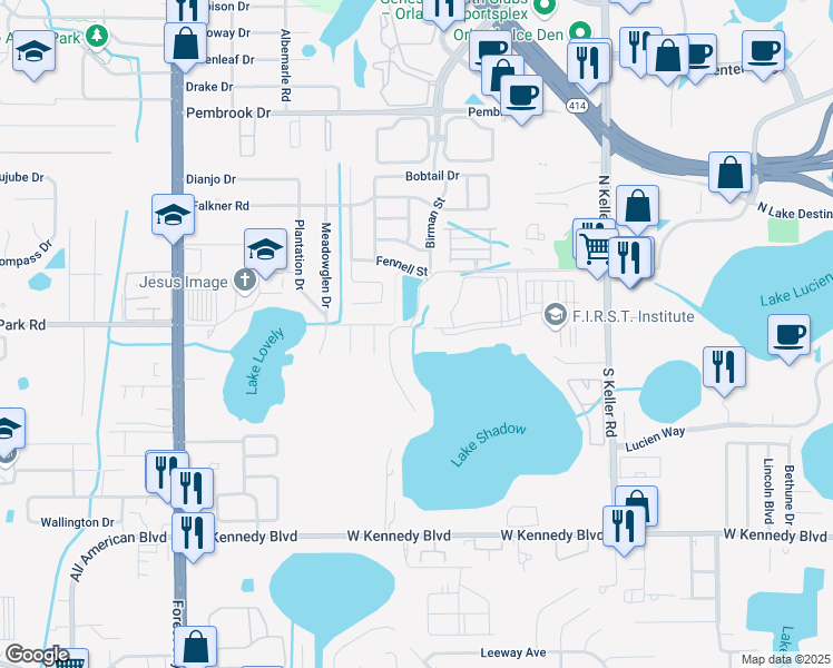 map of restaurants, bars, coffee shops, grocery stores, and more near 2101 Riverside Park Road in Orlando