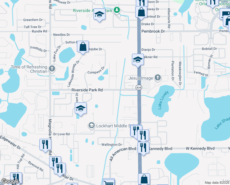 map of restaurants, bars, coffee shops, grocery stores, and more near 3065 Riverside Park Road in Orlando