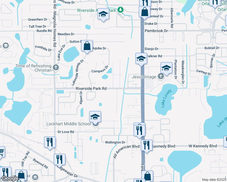 map of restaurants, bars, coffee shops, grocery stores, and more near 3065 Riverside Park Road in Orlando