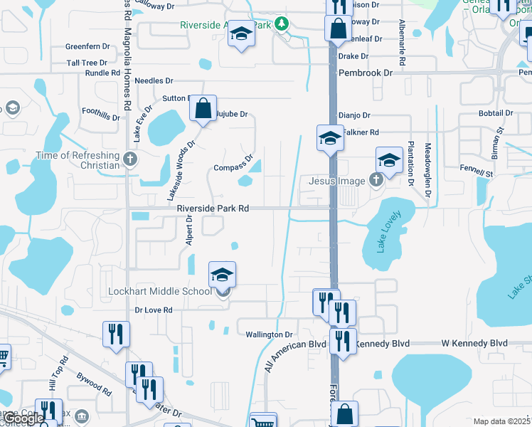 map of restaurants, bars, coffee shops, grocery stores, and more near 3065 Riverside Park Road in Orlando