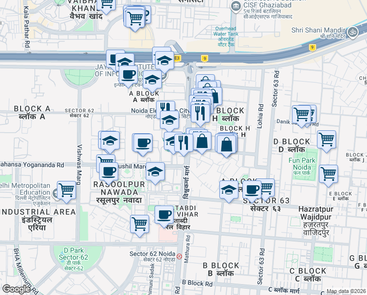 map of restaurants, bars, coffee shops, grocery stores, and more near in Noida