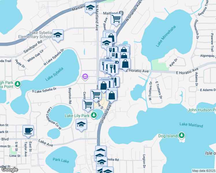 map of restaurants, bars, coffee shops, grocery stores, and more near 190 Independence Lane in Maitland