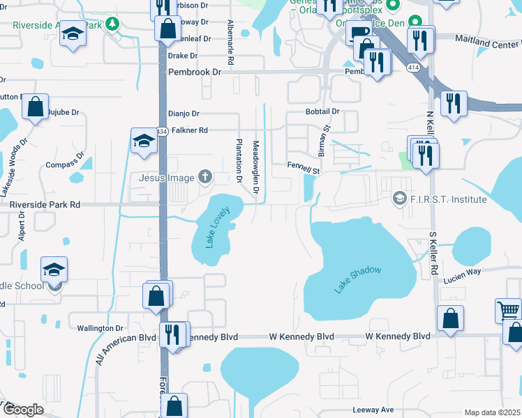 map of restaurants, bars, coffee shops, grocery stores, and more near 7600 Plantation Drive in Orlando
