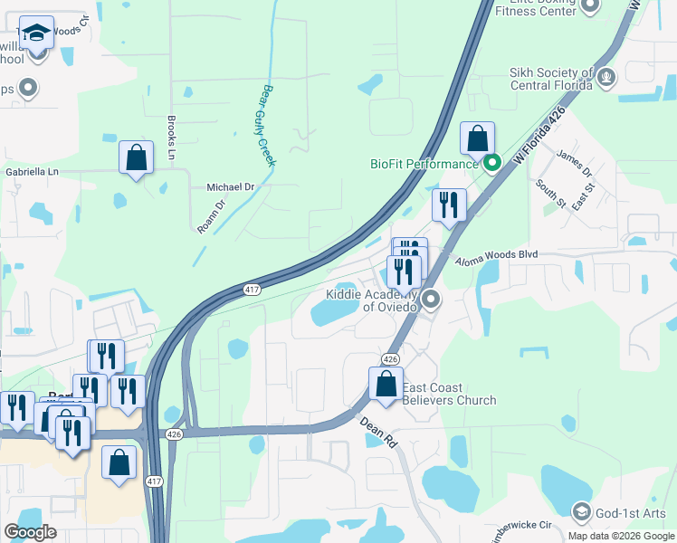 map of restaurants, bars, coffee shops, grocery stores, and more near 5390 Rutherford Place in Oviedo
