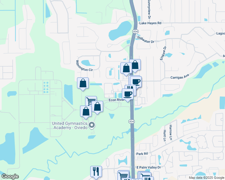 map of restaurants, bars, coffee shops, grocery stores, and more near 4001 New Broad Circle in Oviedo