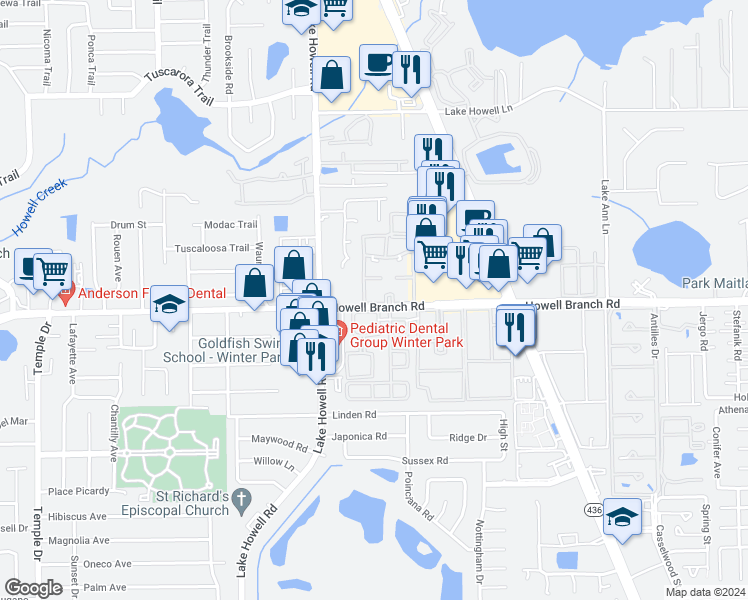map of restaurants, bars, coffee shops, grocery stores, and more near 416 Banyon Tree Circle in Maitland