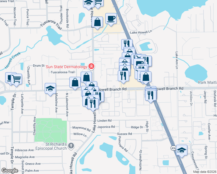map of restaurants, bars, coffee shops, grocery stores, and more near 2101 Howell Branch Road in Maitland