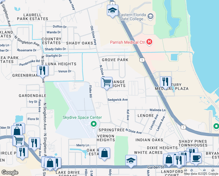 map of restaurants, bars, coffee shops, grocery stores, and more near 2280 Mayfair Way in Titusville