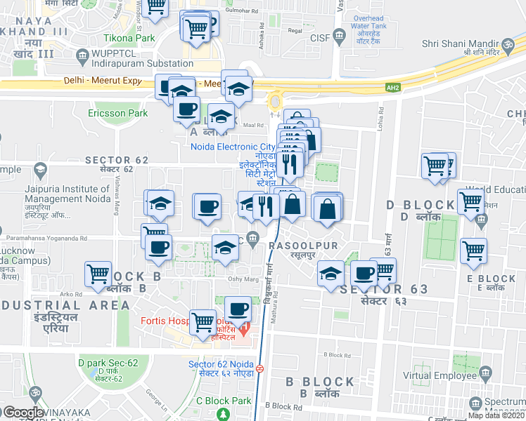 map of restaurants, bars, coffee shops, grocery stores, and more near in Noida