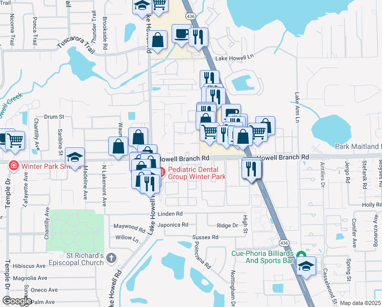 map of restaurants, bars, coffee shops, grocery stores, and more near 416 Banyon Tree Circle in Maitland