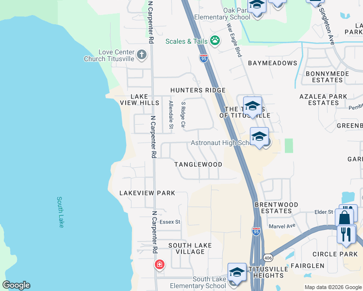 map of restaurants, bars, coffee shops, grocery stores, and more near 3966 Ridgewood Drive in Titusville