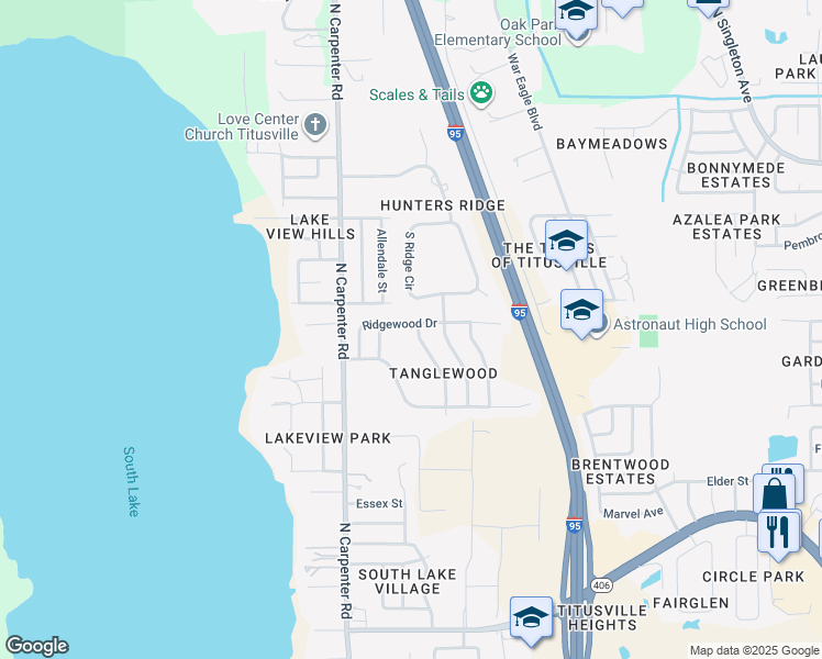 map of restaurants, bars, coffee shops, grocery stores, and more near 3967 Ridgewood Drive in Titusville