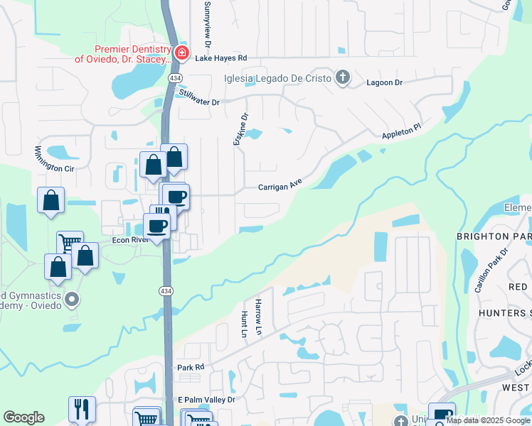 map of restaurants, bars, coffee shops, grocery stores, and more near 657 Carrigan Woods Trail in Oviedo